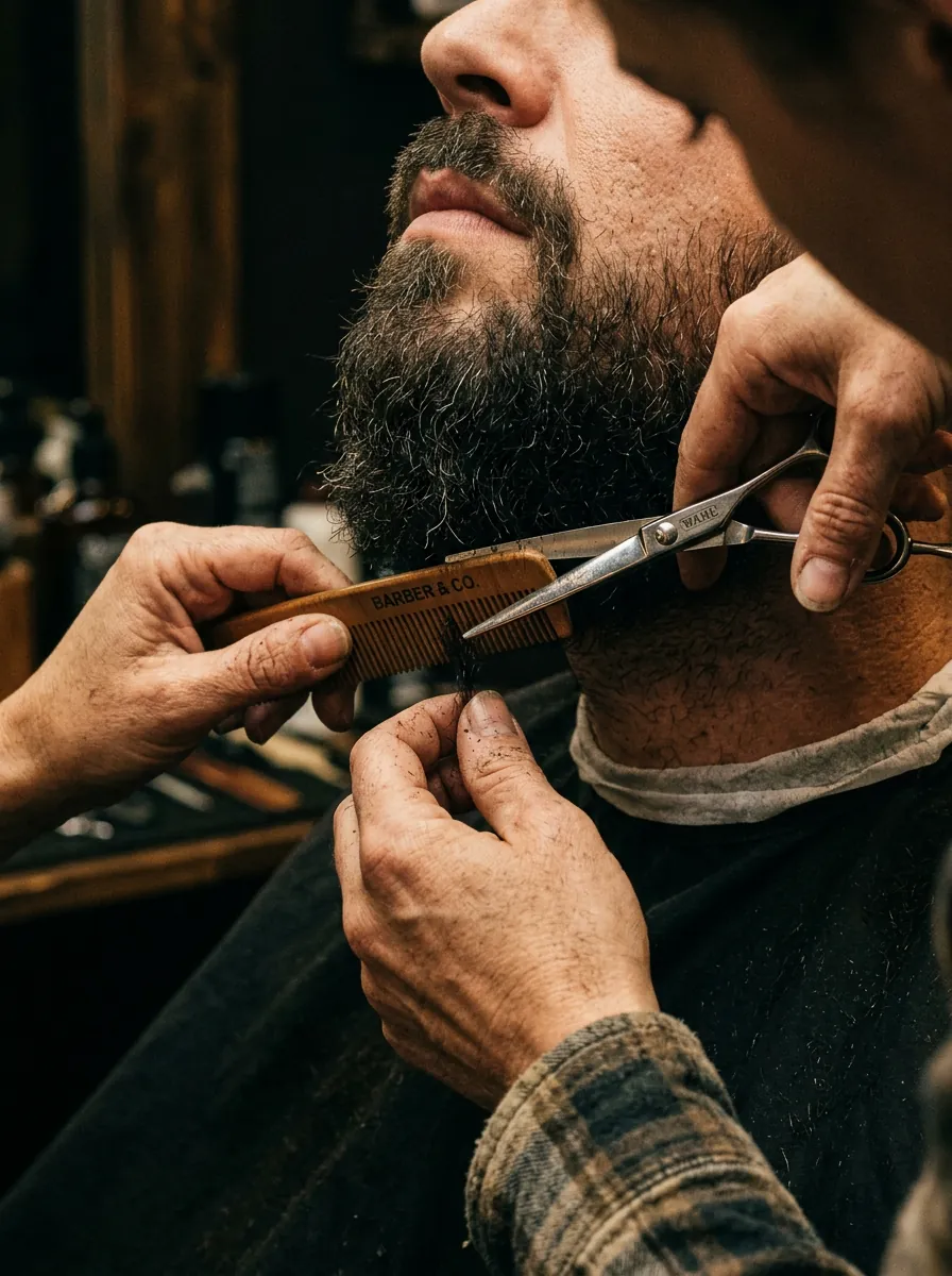 Barber arreglant una barba amb tisores i pinta