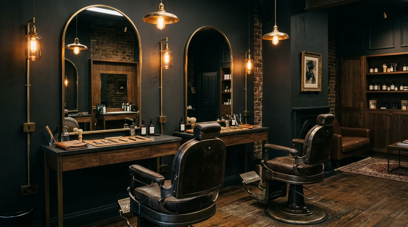 Interior de la barberia amb dues cadires de cuir