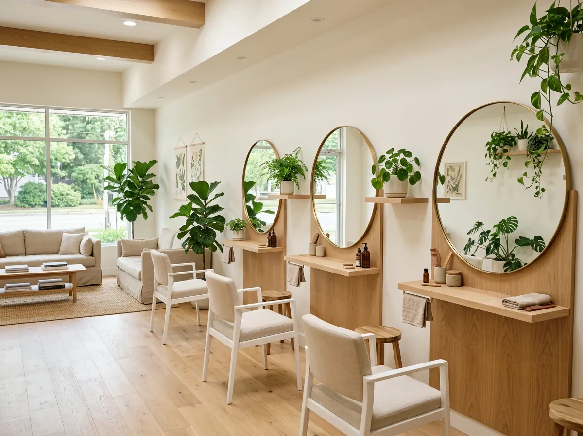 Interior lluminós de la perruqueria amb miralls rodons i plantes